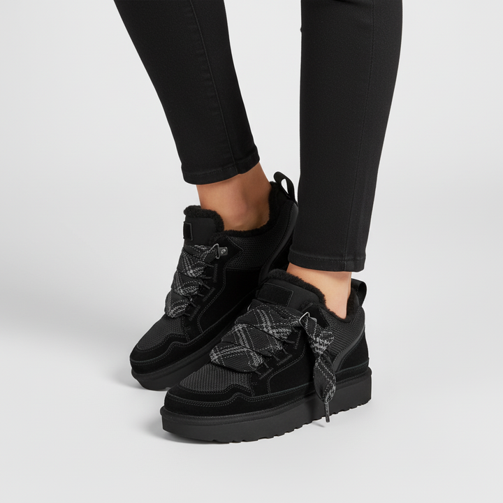 Black suede faux fur lined women's boots, perfect for winter, slip-on, weather resistant