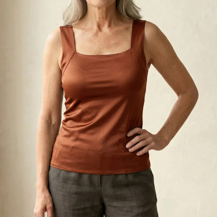 Freedom of movement women's tank top with built-in bra for active lifestyles.