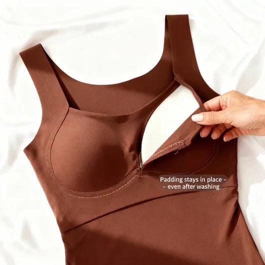 Lightweight women's summer tank top with built-in bra for cool, comfortable support.