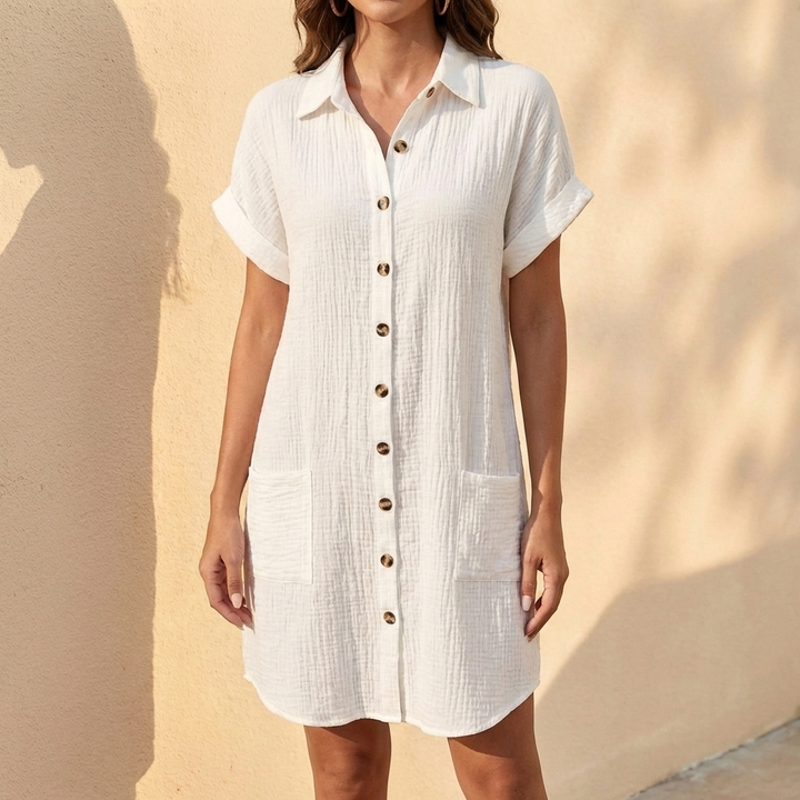 Lightweight women's midi shirt dress, button-front, cuffed sleeves. Ideal relaxed summer day dress.