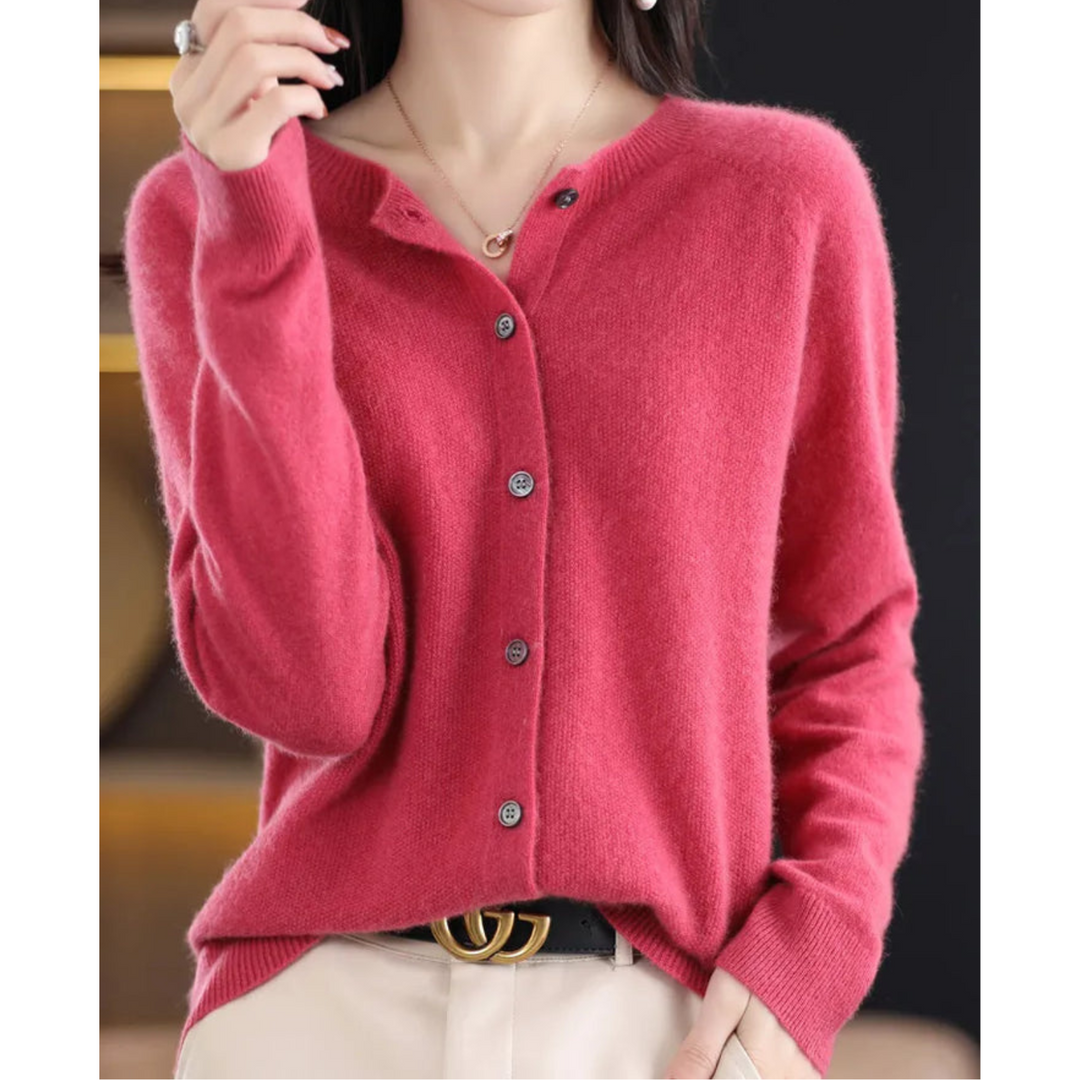 Women's button front O-neck cardigan, perfect for versatile office and casual wear.