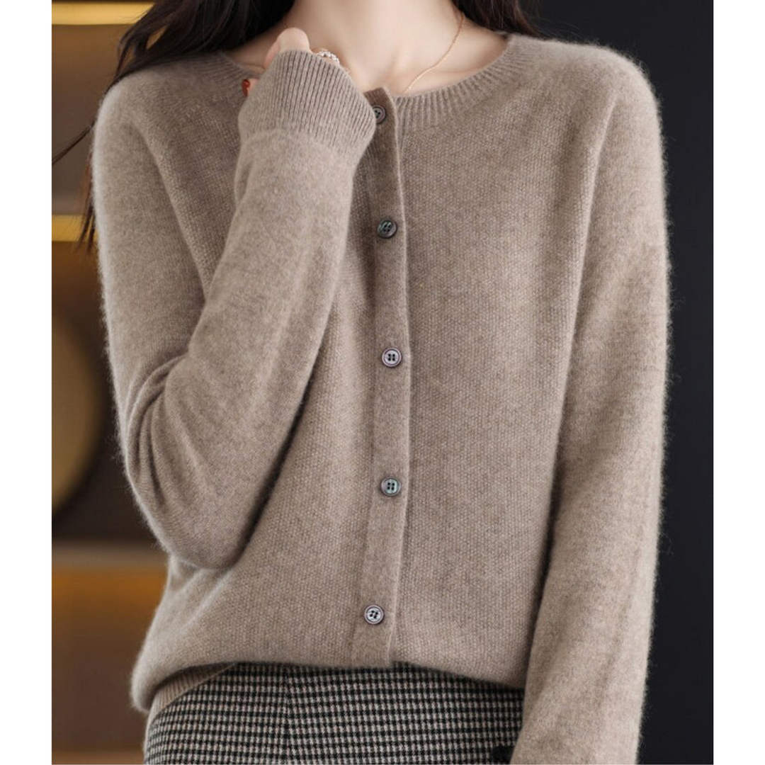 Chic women's long-sleeve knitwear cardigan, button front O-neck, elegant for daily wear.