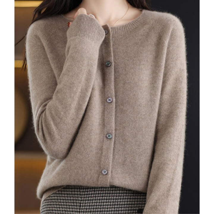 Chic women's long-sleeve knitwear cardigan, button front O-neck, elegant for daily wear.
