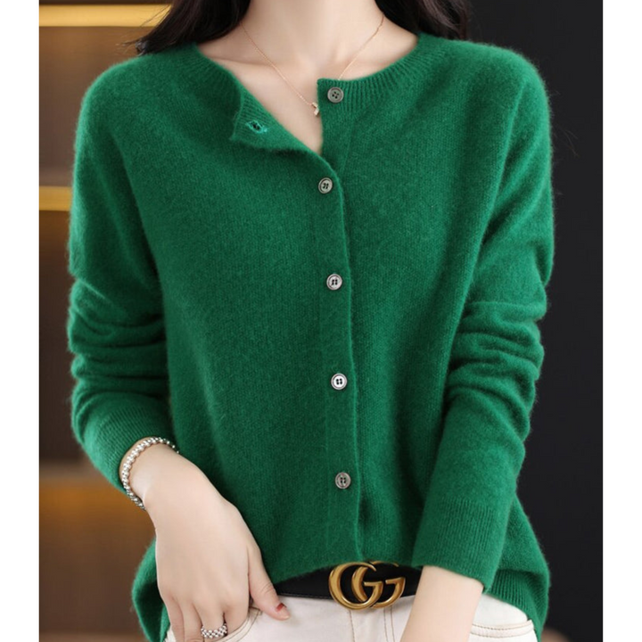 Women's elegant button-front O-neck cardigan, ideal for sophisticated layering in spring.