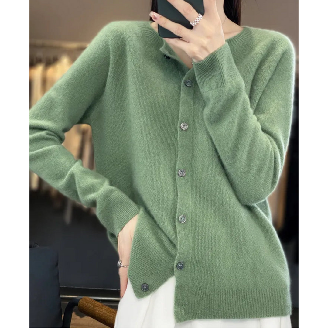 Practical women's knit cardigan, button front, O-neck, a key piece for fall and spring fashion.