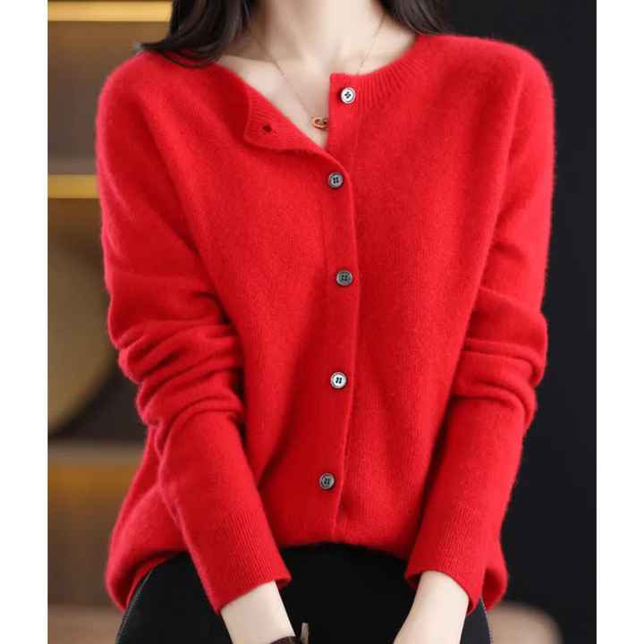 Modern women's O-neck button-front cardigan, suitable for various office and casual looks.