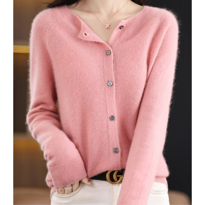 Elegant knit long-sleeve cardigan for women, featuring a stylish button front and O-neck.