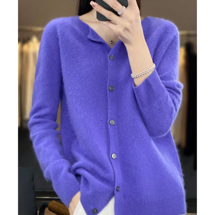 Comfortable women's button-front O-neck cardigan, ideal layering piece for spring and fall.