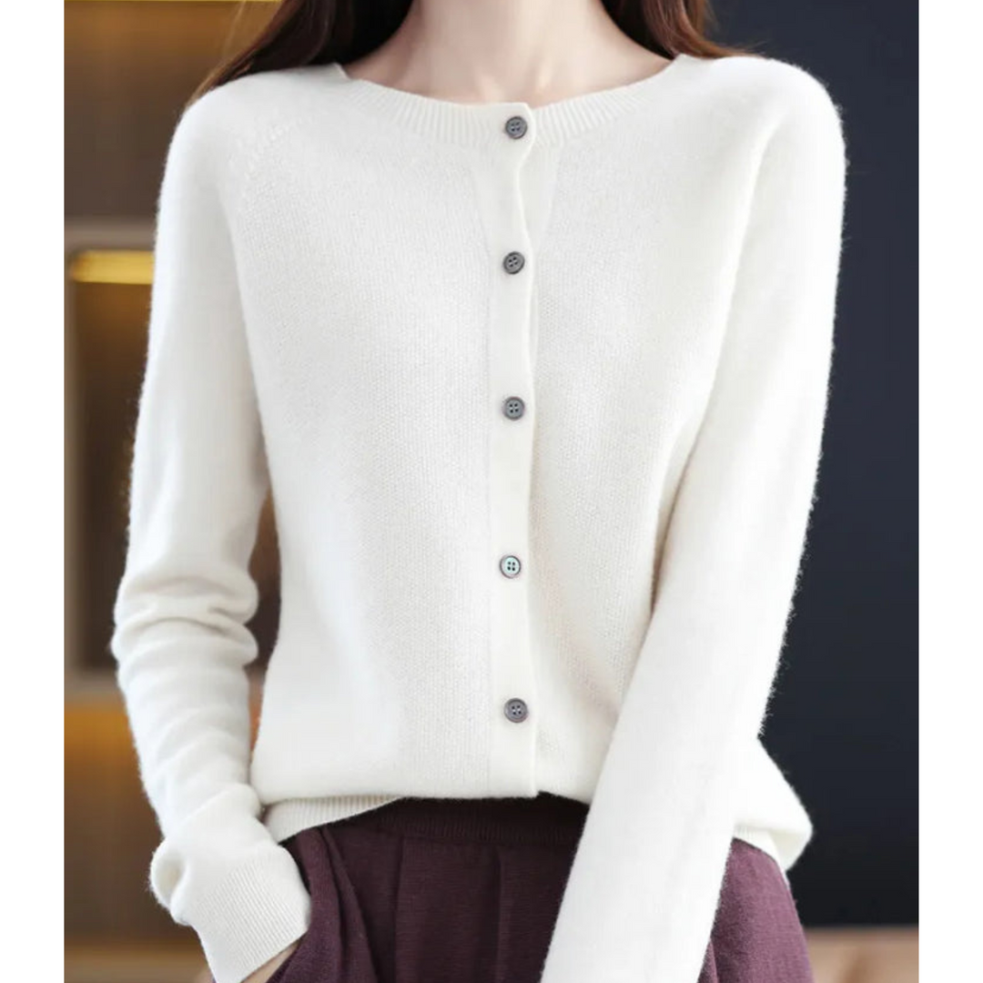 Ladies' long-sleeve knit cardigan, button front and O-neck, a comfortable and elegant top.