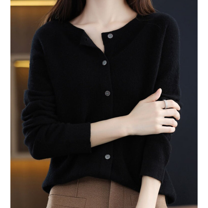 Stylish women's O-neck button-front cardigan, perfect for office fashion and everyday wear.
