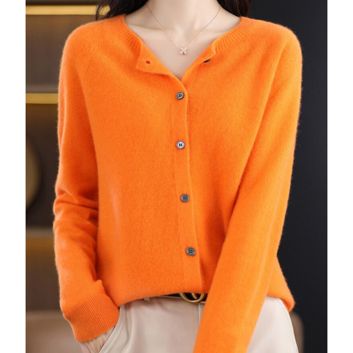 Soft knit women's cardigan, button front and O-neck, offering comfort and style for women.