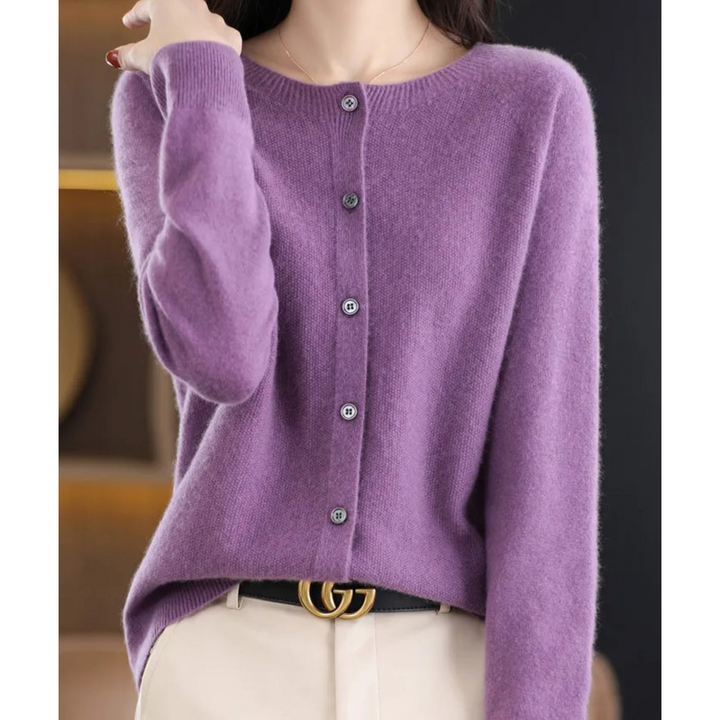 Fashionable women's O-neck cardigan with buttons, versatile for casual outings or office.