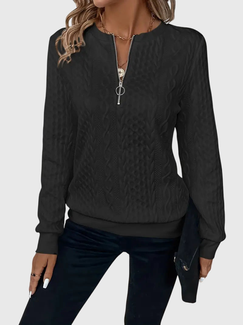 Fall fashion women's cable knit quarter-zip, a must-have cozy pullover for stylish autumn looks.