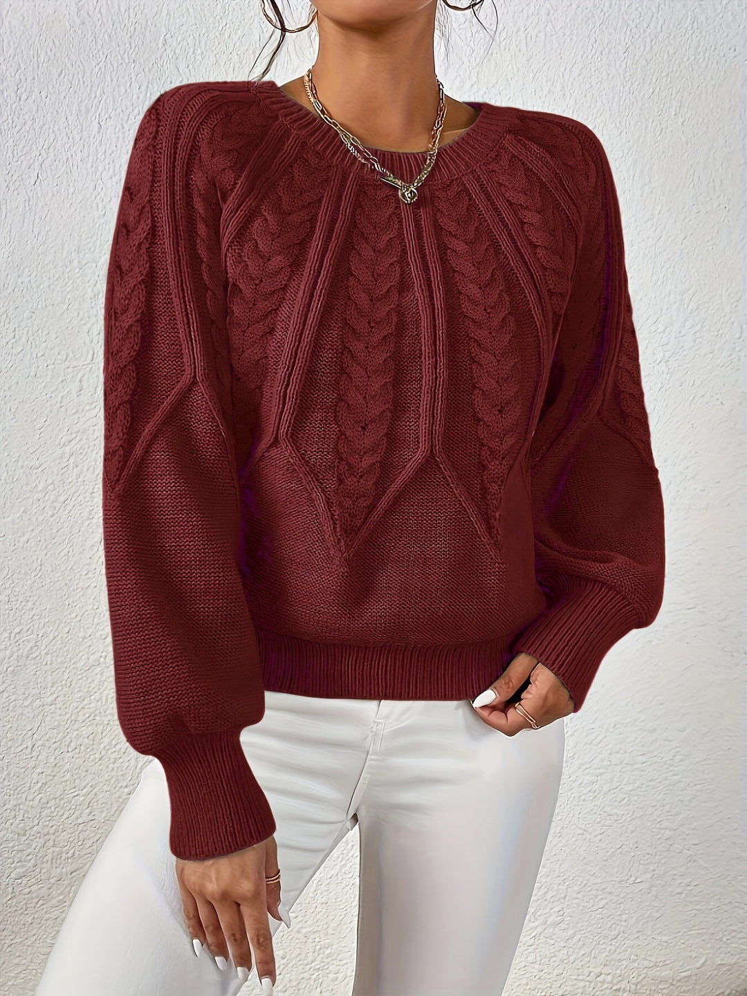 Trendy women's cable knit sweater, relaxed fit, elegant lantern sleeves. Ideal for fall & winter.