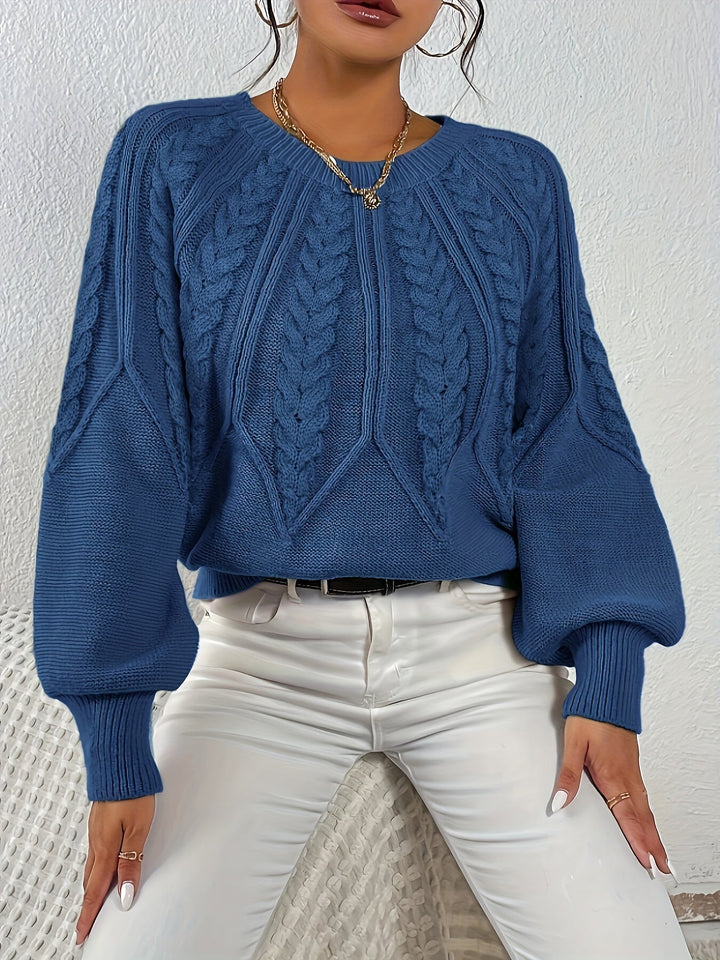 Elegant women's cable knit sweater, relaxed fit, graceful lantern sleeves. For sophisticated fall style.