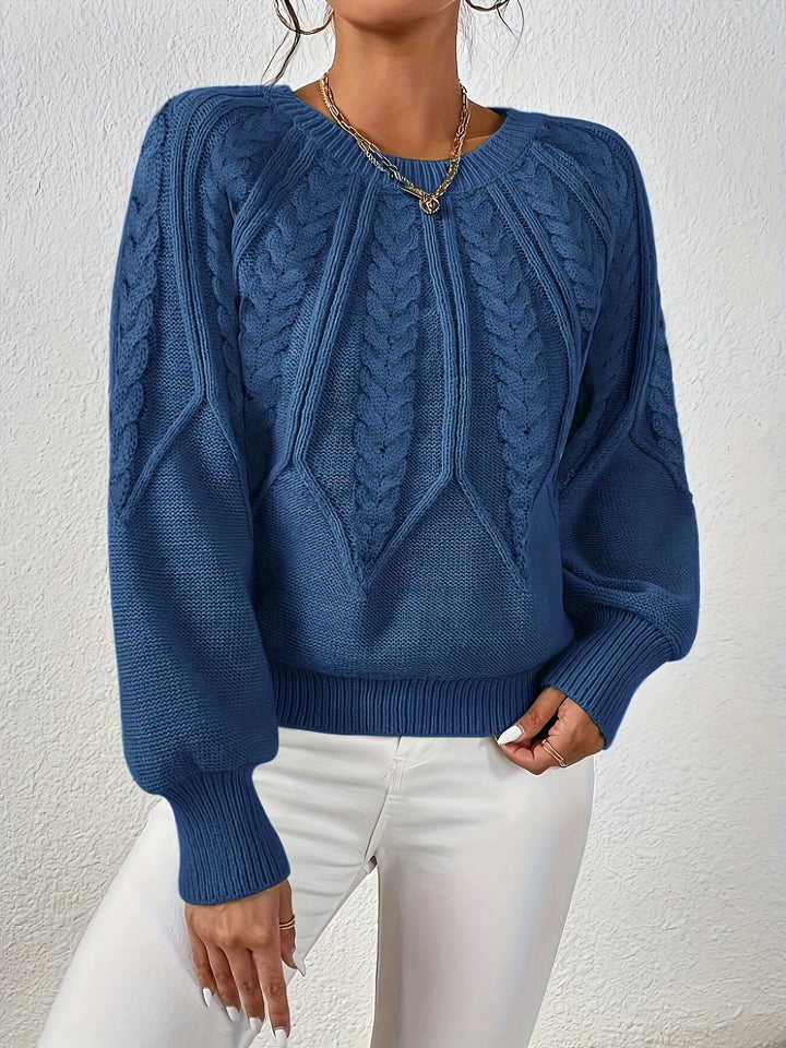 Casual women's cable knit sweater, relaxed fit, stylish lantern sleeves. A comfortable everyday option.
