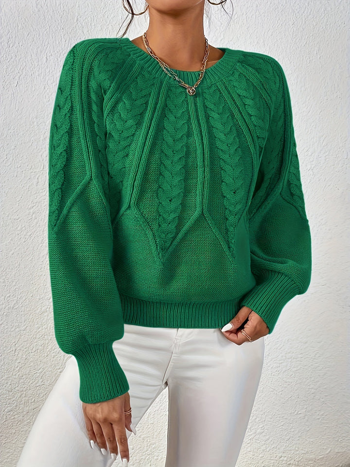 Durable women's cable knit sweater, relaxed fit, chic lantern sleeves. Designed for long-lasting wear.