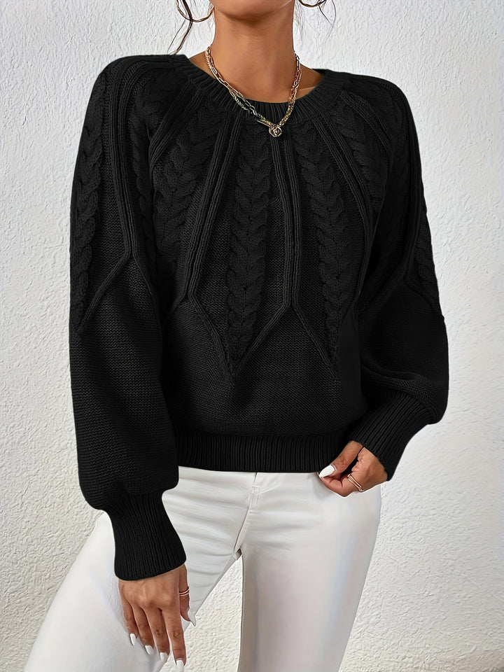 Women's fall cable knit sweater, relaxed fit, eye-catching lantern sleeves. Elevate your autumn look.