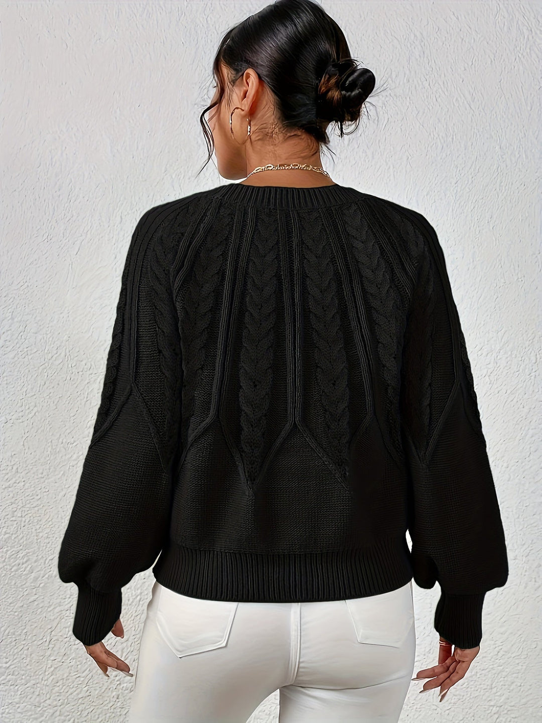Women's everyday cable knit sweater, relaxed fit, graceful lantern sleeves. Simple yet chic style.