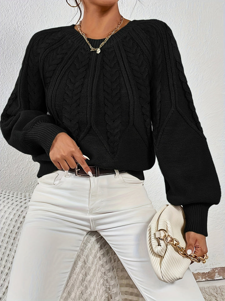 Women's cozy cable knit sweater, relaxed fit, stylish lantern sleeves. Perfect for weekend comfort.