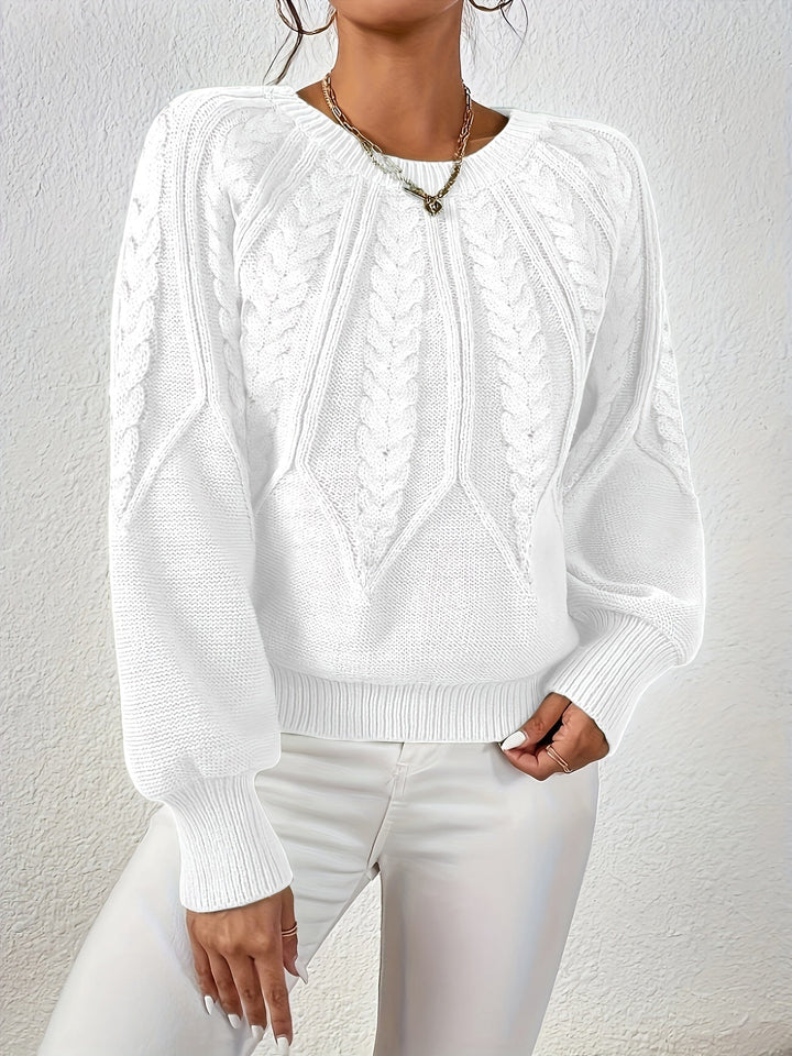 Women's cable knit sweater, relaxed fit, wide lantern sleeves. A fashionable and comfortable choice.