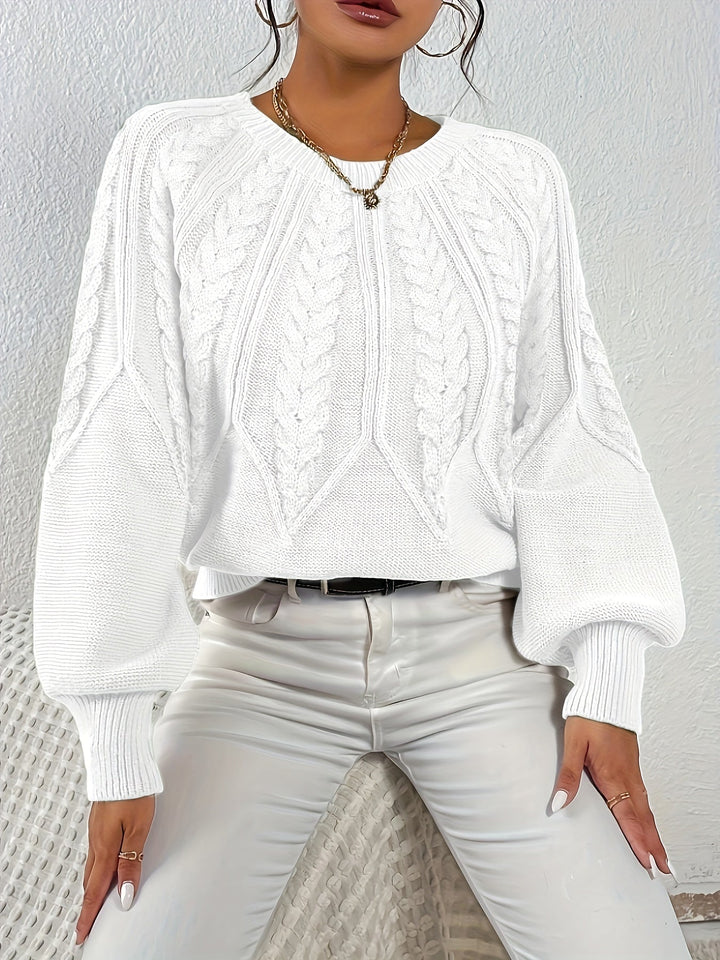 Women's winter fashion cable knit sweater, relaxed fit, chic lantern sleeves. Stay warm & stylish.