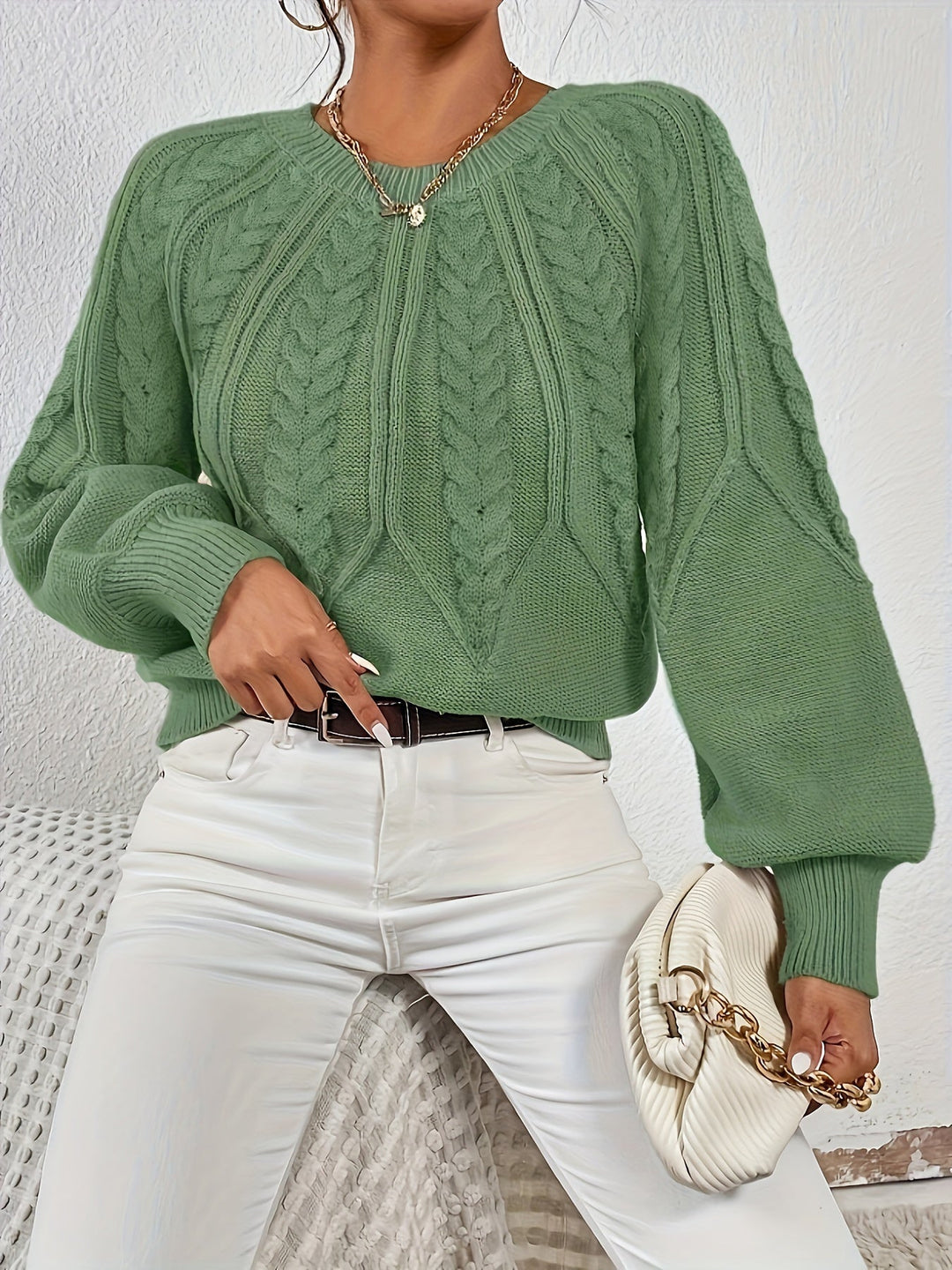 Everyday women's cable knit sweater, relaxed fit, lantern sleeves. Great for fall & winter fashion.