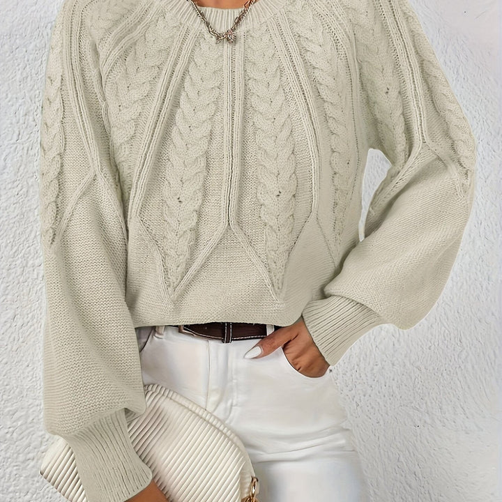 Women's premium cable knit sweater, relaxed fit, elegant lantern sleeves. Superior comfort & style.