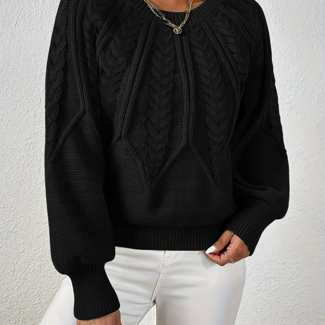 Women's cable knit sweater with unique lantern sleeves, relaxed fit. Perfect for a fashionable look.