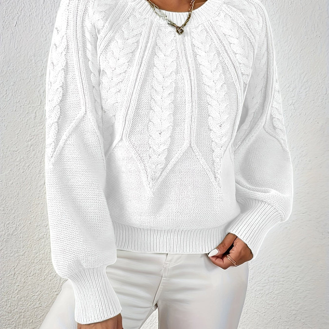 Women's cozy winter sweater, cable knit, relaxed fit, elegant lantern sleeves. Stay warm & trendy.