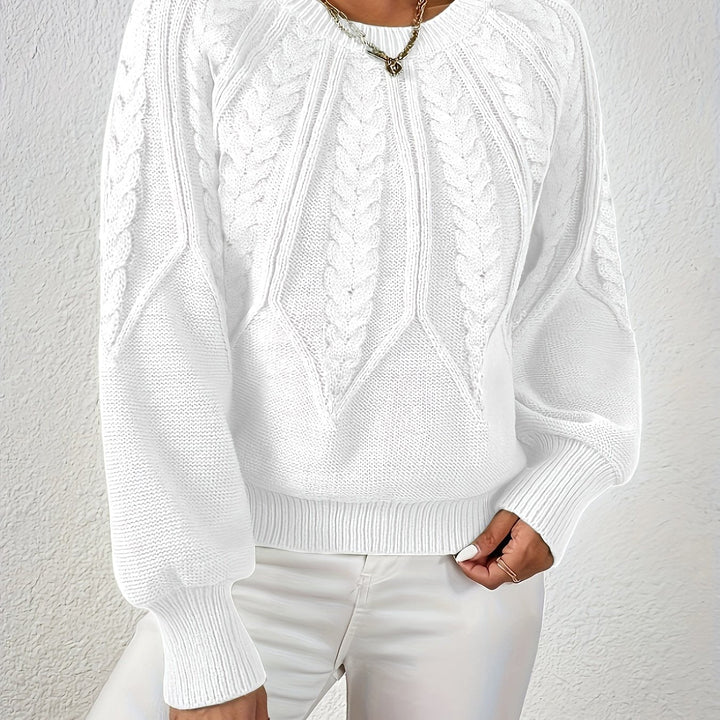Women's cozy winter sweater, cable knit, relaxed fit, elegant lantern sleeves. Stay warm & trendy.