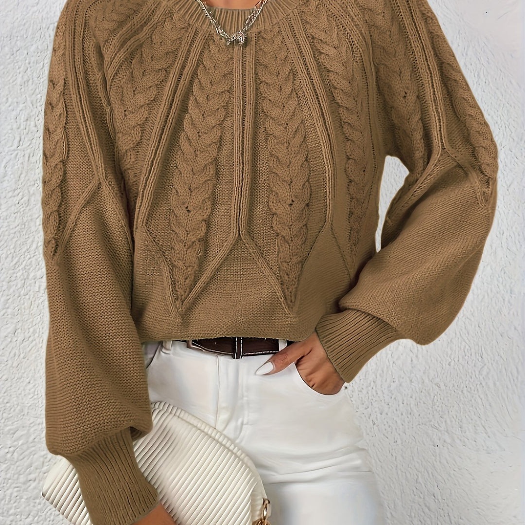 Women's stylish fall sweater, cable knit, relaxed fit, chic lantern sleeves. Your new favorite top.