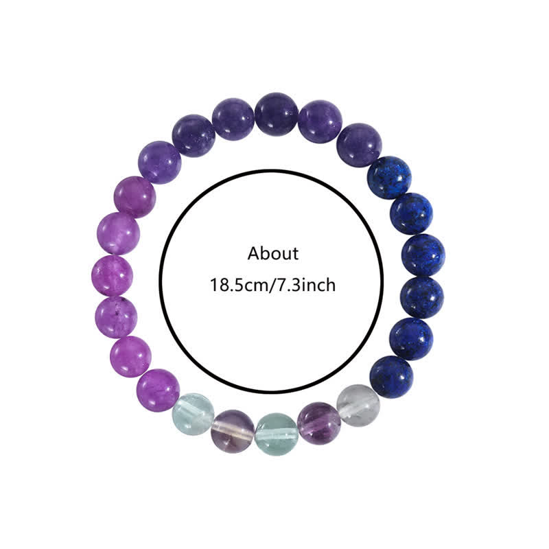 Close-up of women's amethyst & lapis lazuli gemstone bracelet showing vibrant spiritual beads.