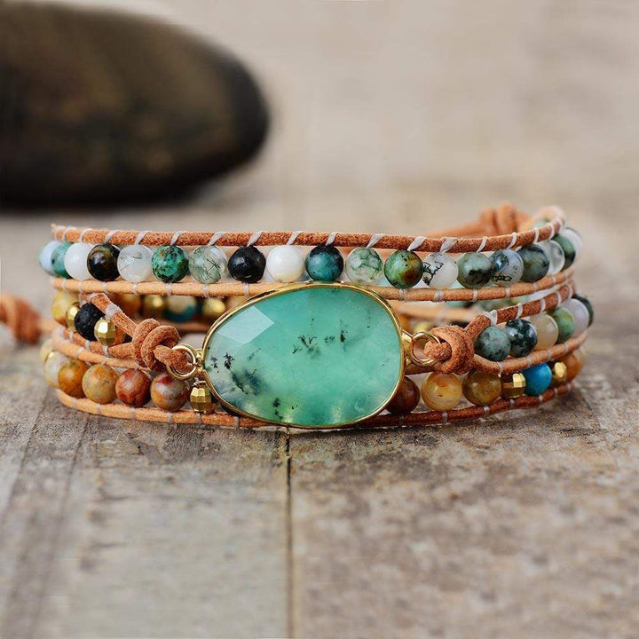 Women's calming jade wrap bracelet, boho style with natural healing stones, jewelry accessory