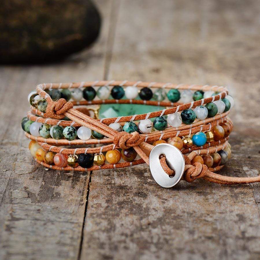 Healing jade wrap bracelet for women, elegantly handcrafted, perfect for a bohemian look