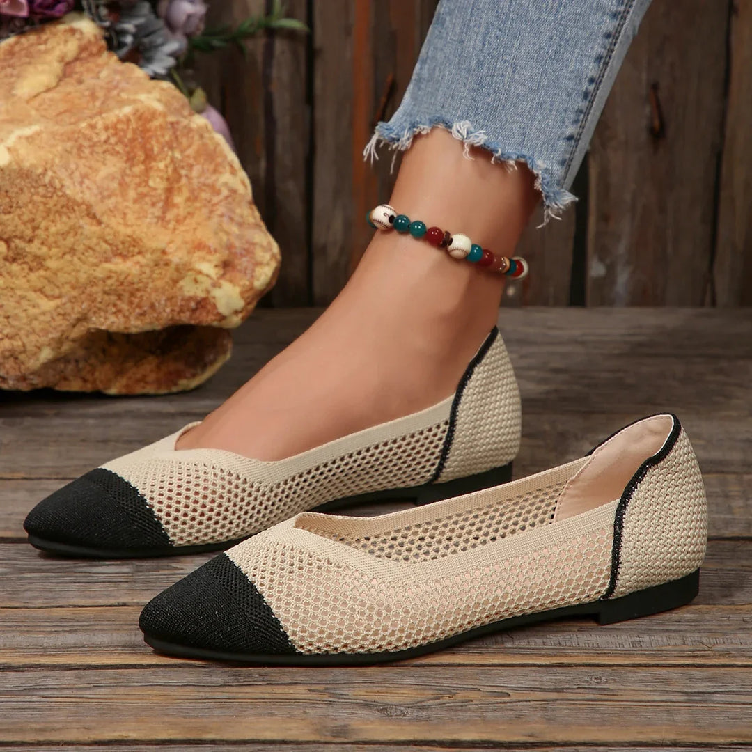 Front view of women's Calora breathable pointed-toe flats, showcasing the elegant silhouette.