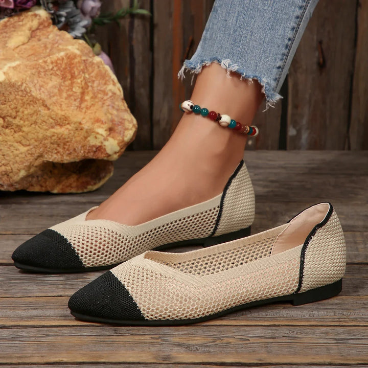 Front view of women's Calora breathable pointed-toe flats, showcasing the elegant silhouette.