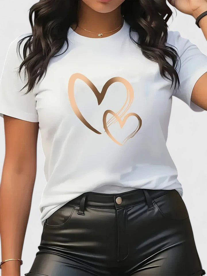 Women's camel short sleeve t-shirt with a chic heart graphic, comfortable & stylish casual top.