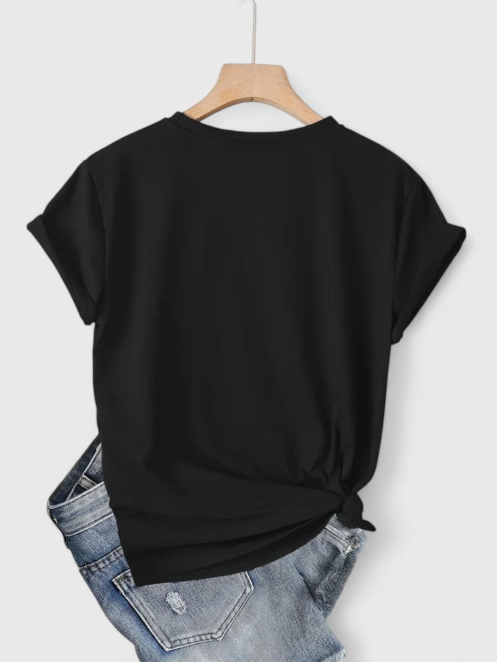 White women's short sleeve graphic t-shirt, subtle heart design. Essential for versatile fashion.