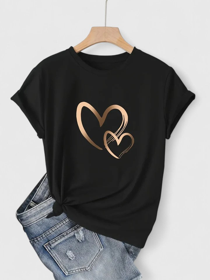 Black short sleeve women's tee, heart graphic, perfect for stylish everyday wear and comfort.