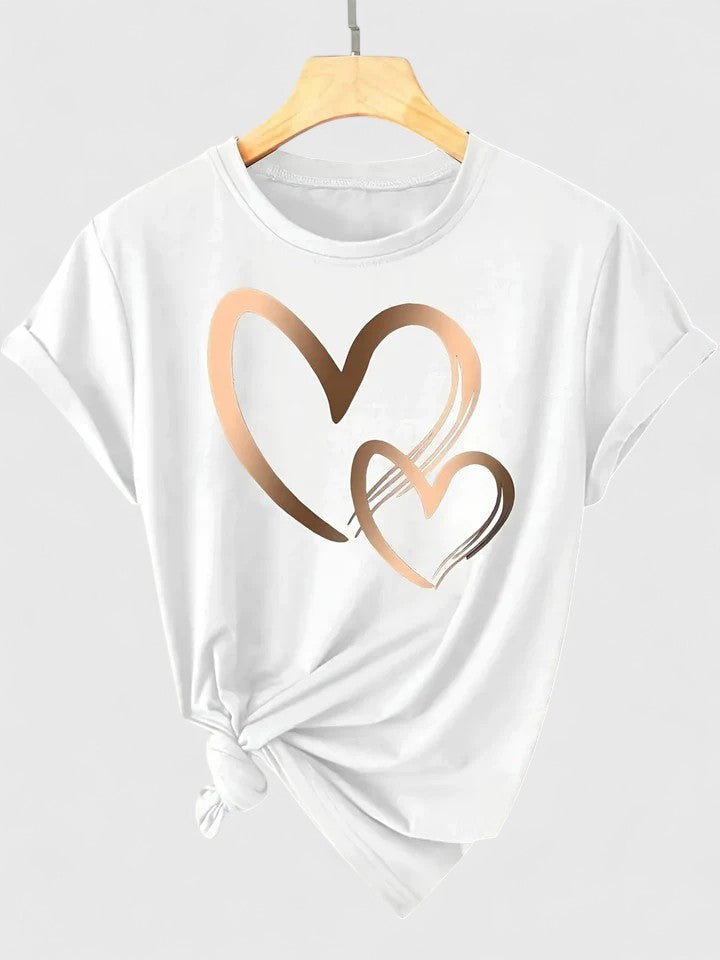 Comfortable women's short sleeve t-shirt featuring a chic heart graphic. An everyday fashion essential.