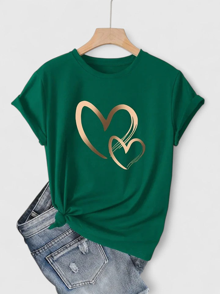 Black women's short sleeve t-shirt with a prominent heart graphic, a comfortable and casual top.