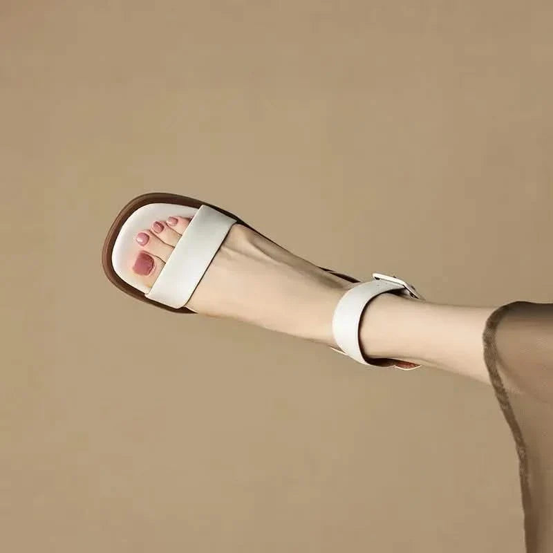 White Carina strap heels for women, featuring a stylish block heel & non-slip design, ideal for summer.