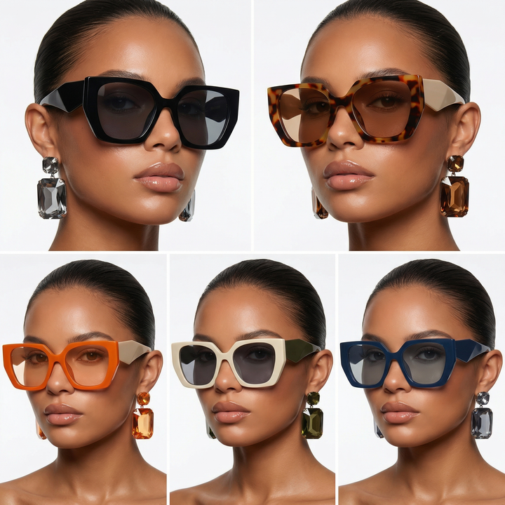 Stylish blue oversized cat eye sunglasses for women. Trendy eye protection & a glamorous street style accessory.