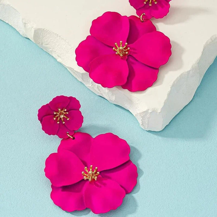 Elegant women's cascading double flower earrings, gold plated, a perfect gift & fashion accessory.