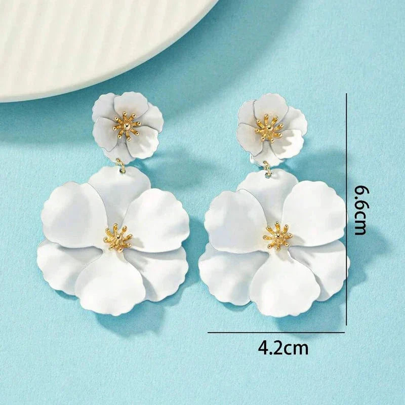Beautiful gold plated floral earrings with cascading double flowers, statement jewelry for women.