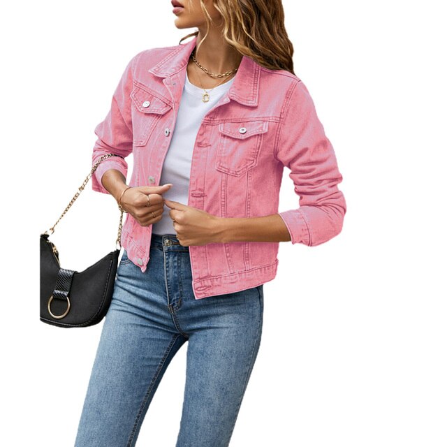 Back view of women's comfortable denim jacket, featuring classic casual style for everyday wear.