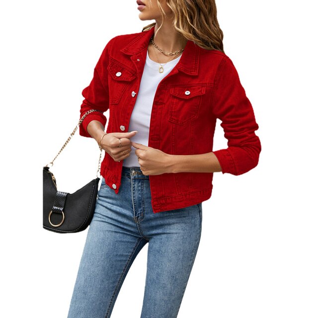 Neatly folded women's denim jacket, ready for effortless style & versatile spring/fall fashion.
