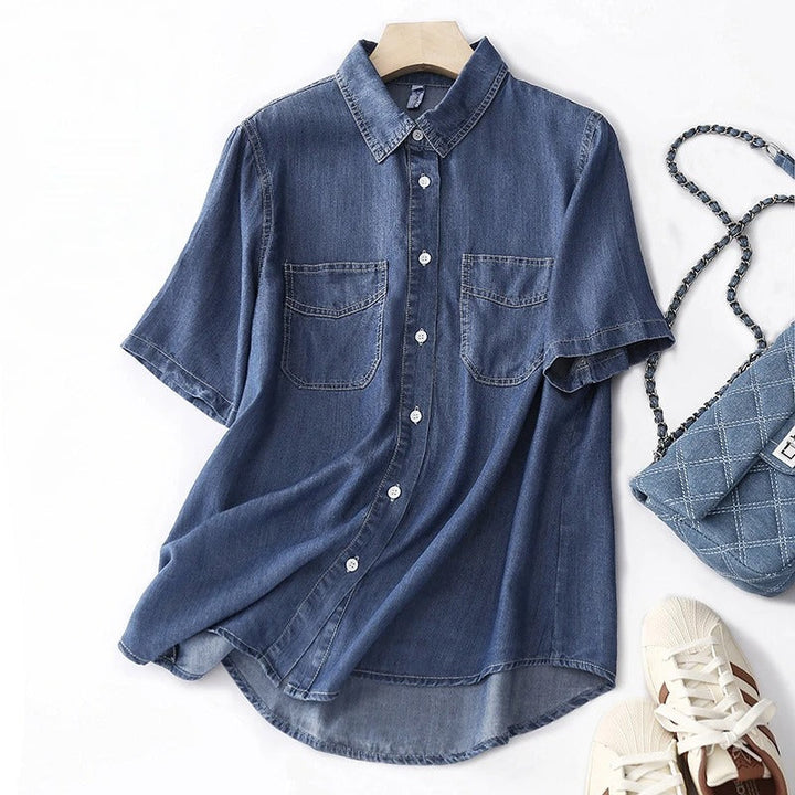 Women's casual blue long sleeve button-up shirt, effortless for everyday wear and versatile styling.