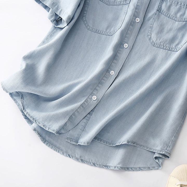 Women's versatile blue casual button-up shirt with long sleeves, perfect for utility and everyday wear.